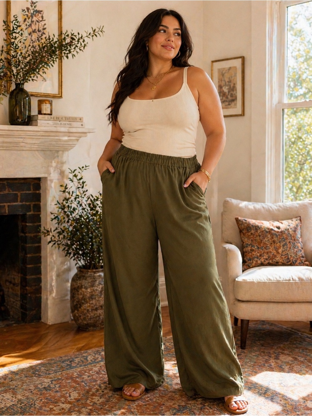Cider Plus Size 2X High-Rise Wide Leg Pants in Olive Green